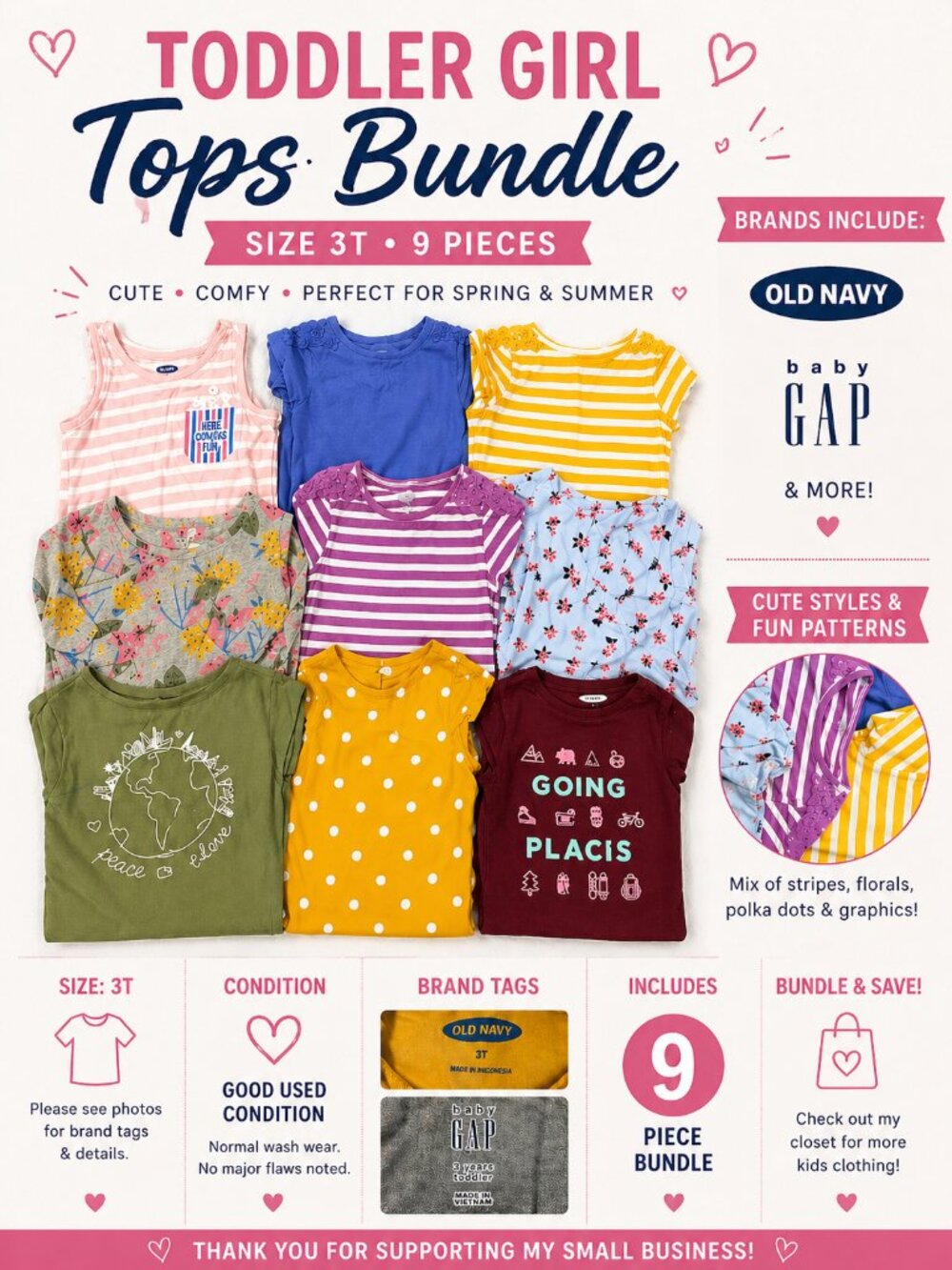 Toddler Girl Tops Bundle Size 3T | Old Navy, Baby Gap | 9 Piece Spring Summer Lo
